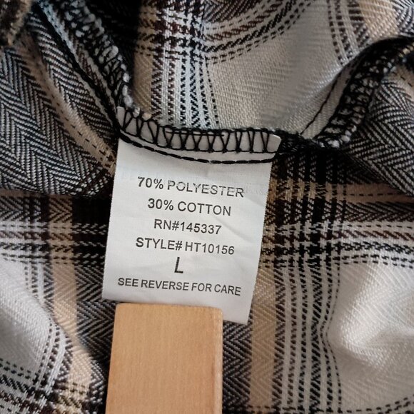 Hesperus Cropped Flannel Plaid Oversized Shirt Black Tan White Women’s Size L - Picture 7 of 16